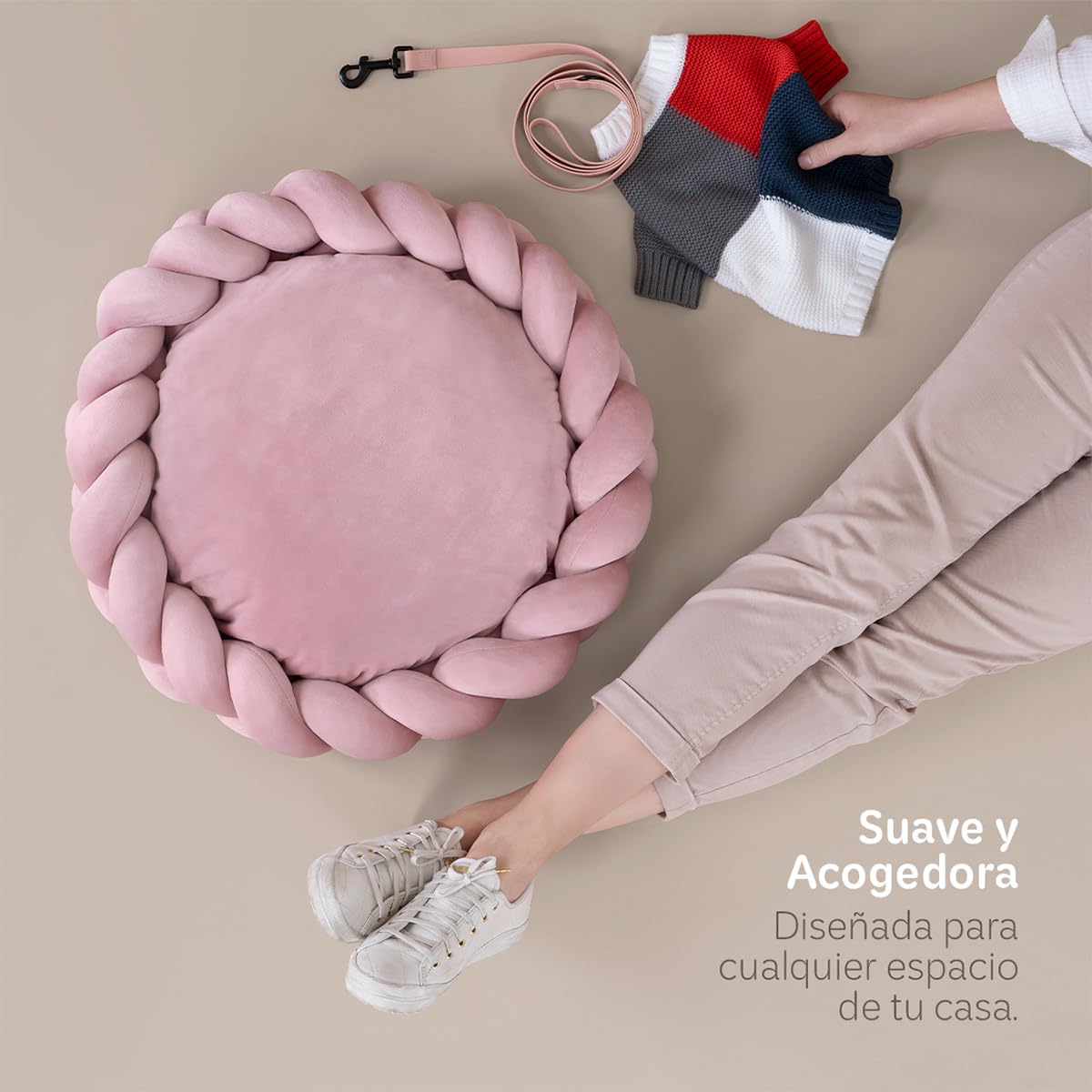 Cama Redonda para Perro y Gato Esquimal Rosa Cojín Antiestrés Trenzado Lavable