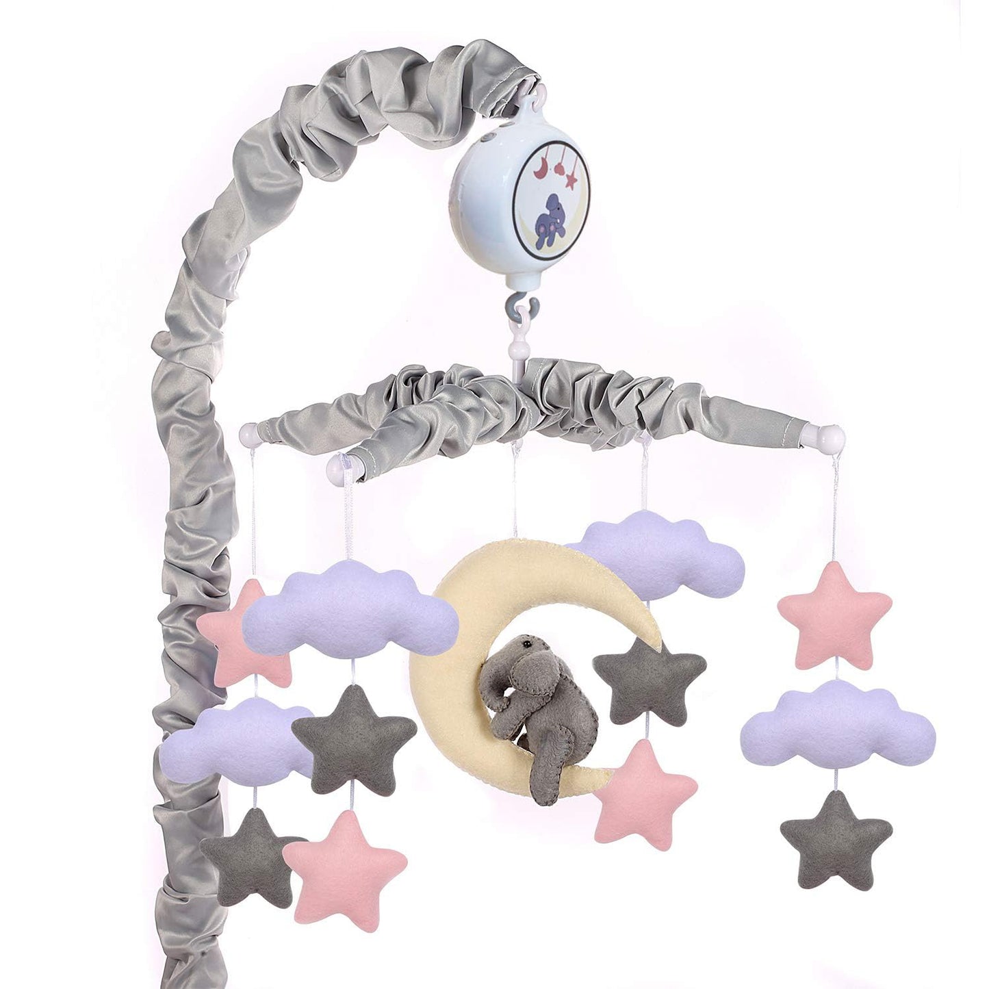 Móvil para cuna con elefantes, nubes y estrellas, caja de música móvil para cuna musical con 12 canciones de cuna (Elefante Baby Mobile)