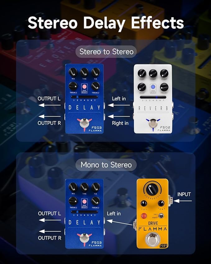 Pedal de Guitarra FLAMMA Estéreo con 11 Efectos de Modulación True Bypass FS03