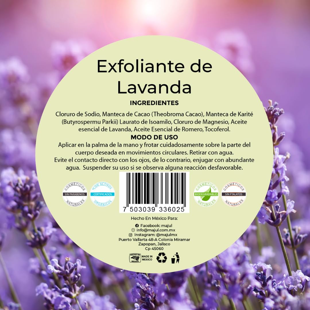 Majul Natural Beauty | Exfoliante Corporal con escencia de Lavanda y Romero, Manteca de Karité y Cacao, Exfoliante natural, presentación 120gr