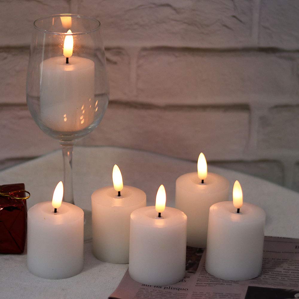 DRomance White Flameless Flickering Votive Candles Battery Operated with 6 Hour Timer Realistic 3D Wick Real Wax LED Small Pillar Candles Halloween Christmas Decoration(6 Pack, 2 x 3.2 Inches)