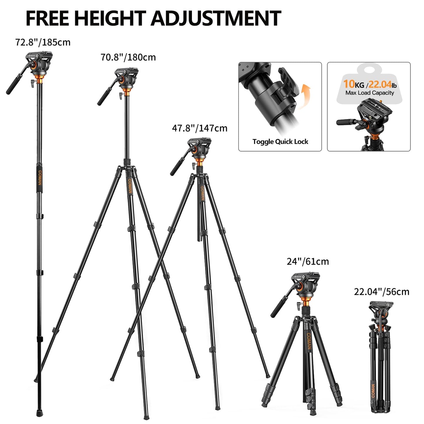 Cámara Profesional trípode de vídeo Monopode, Cabeza fluida de 72 Pulgadas, Placa QR Compatible con la Cámara SLR dji RS Gimbal manfrotto Canon Nikon para 17,6 Libra