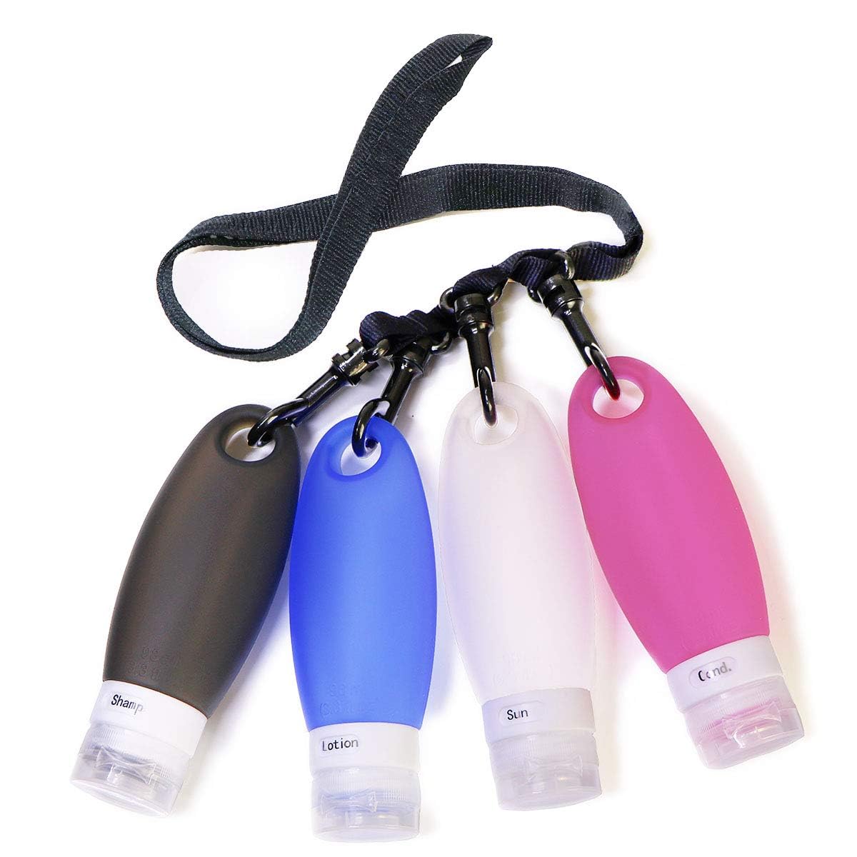 SMING Portable Soft Silicone Travel bottles Set TSA Approved Carry On Shampoo Conditioner Bottle Leak Proof Design BPA Free for Cosmetics 3.3 Oz with Shower Lanyard in EVA Bag(4 Pack (multi))