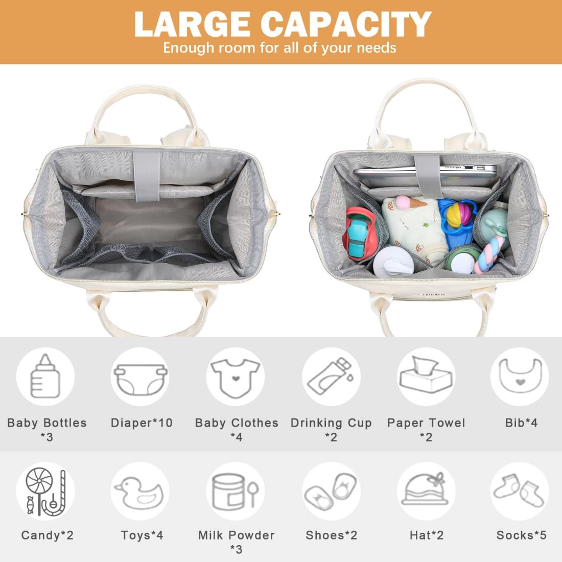 BHAFEM - Mochila para pañales para bebé, bolsa para bebé con cambiador, piel vegano, gran capacidad, mochila impermeable para pañales de viaje, Beige, Large, Casule