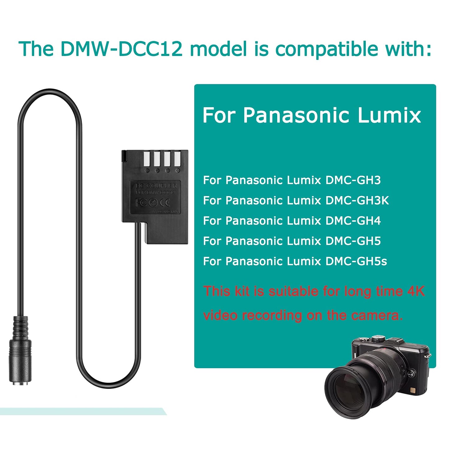 DMW-BLF19E Batería Simulada DMW-DCC12 Acoplador de CC + Adaptador de Cable USB + Alimentación 5V3A para cámaras Panasonic Lumix DMC-GH3 GH4 GH5