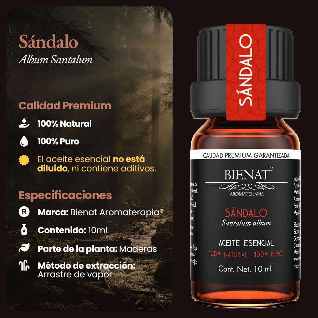 BIENAT AROMATERAPIA Aceite Esencial de Sándalo 10mL | 100% Puro y Concentrado | Ideal para Difusor de Aromas, Humidificador, Aromaterapia, Masajes, Meditación, Jabones y Velas | Esencia Natural en Gotas