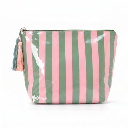 LDWZAX - Bolsa de maquillaje a rayas: bolsa impermeable para cosméticos con cierre, organizador de artículos de cambiador de viaje grande, lona y bolsa de PVC transparente para azulejos Mahjong (rosa