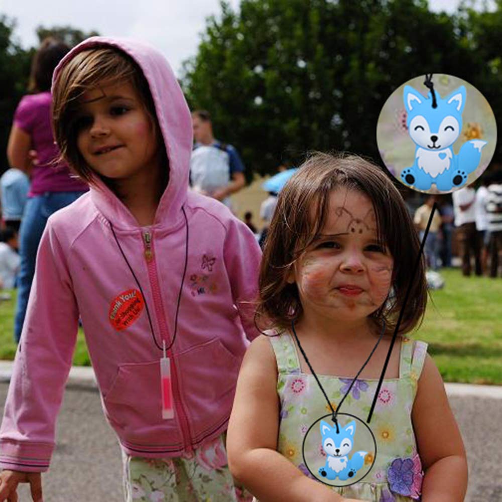 Collares sensoriales para masticar para niños, niños y niñas, paquete de 2 juguetes masticables de silicona de zorro para autismo, TDAH, SPD, juguete masticable de motor oral para adultos, azul y gris