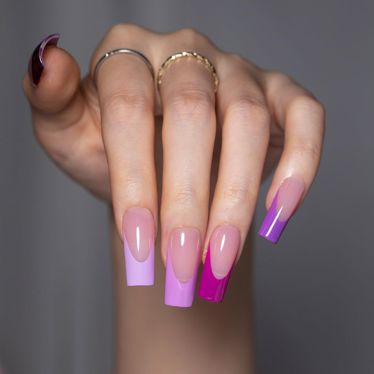 SXC Uñas Postizas con Punta Francesa Cosmetics – Serie Morada, Cuadrado Medio, Kit de Inicio X-Pro Tips | 150 Piezas, 15 Tamaños, 5 Estilos, Ideal para Principiantes
