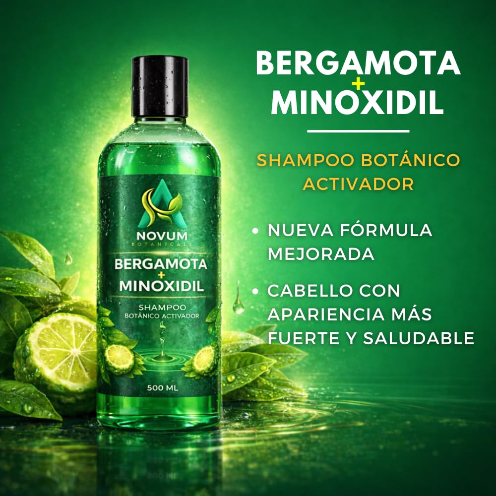 Shampoo de Bergamota con Minoxidil al 7% Shampoo 500 ml Novum Botanicals Champú Anticaspa Libre De Sulfatos y Parabenos Hecho de Ingredientes Naturales Con Aceite de Coco y Keratina