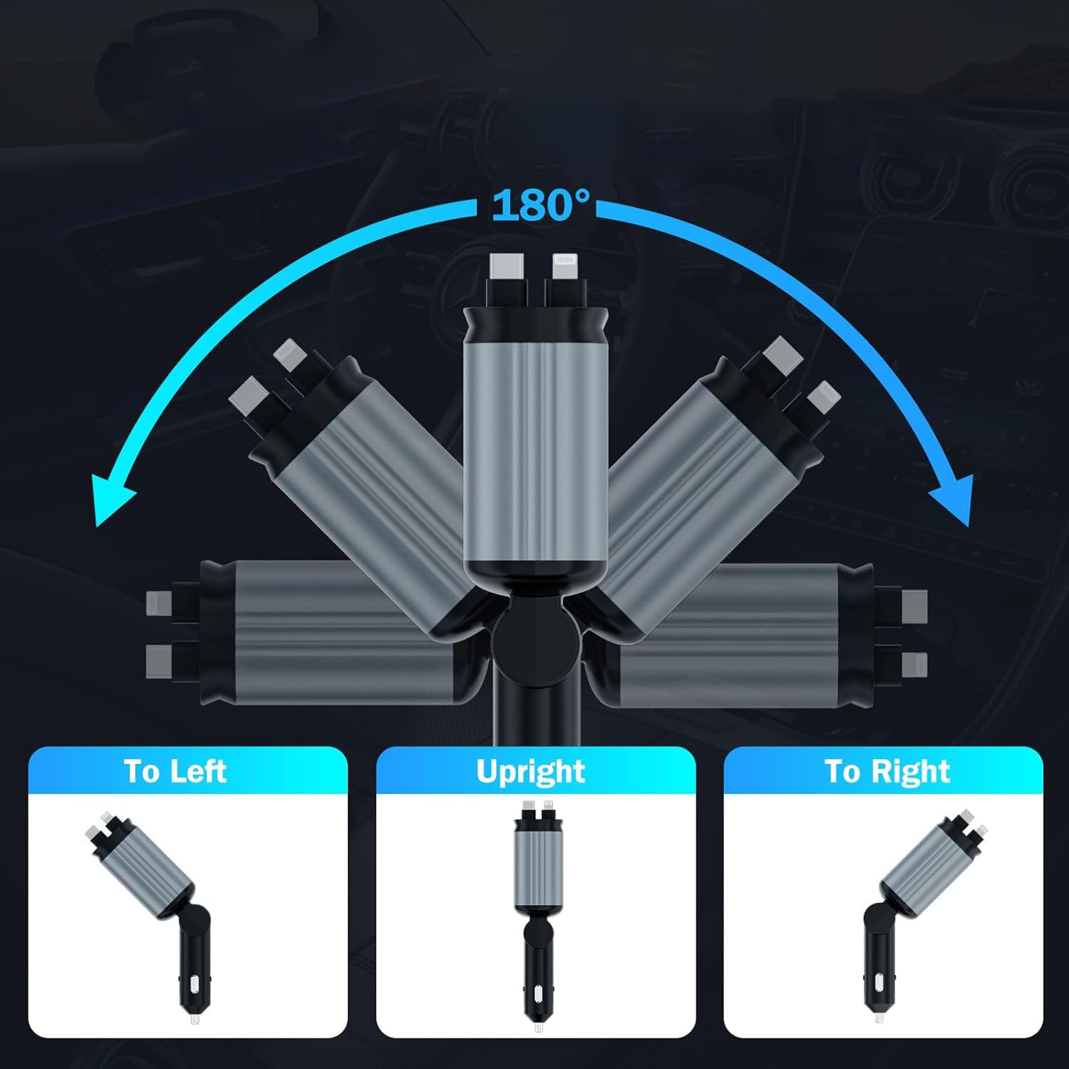 HSZSXJK Cargador de Coche con Starlight, Cargador USB C 4 en 1 de 66 W, Cables retráctiles (80cm) y Adaptador de Cargador de Coche, Compatible con iPhone 15/14/13/12/11 Pro MAX, Galaxy