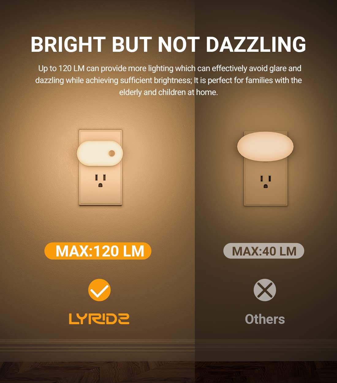 LYRIDZ - Luz nocturna con sensor de movimiento, luz nocturna inteligente de 1 a 120 lm, luz blanca cálida LED con brillo ajustable continuo para dormitorio, cocina, escaleras, pasillo, paquete de 4
