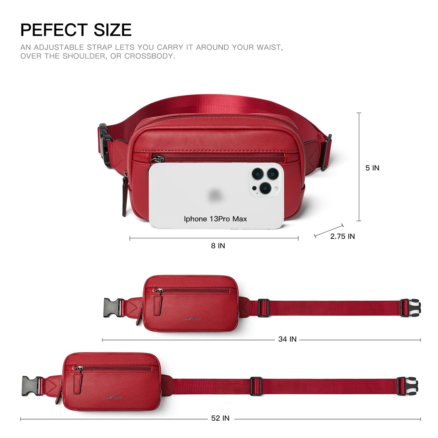 LATMAP - Riñonera de 2 L para todas partes, pequeña y a la moda, bandolera de piel sintética, impermeable, para mujer, a la moda, Rojo -, 7.87 x 5.70 x 2.16 inches