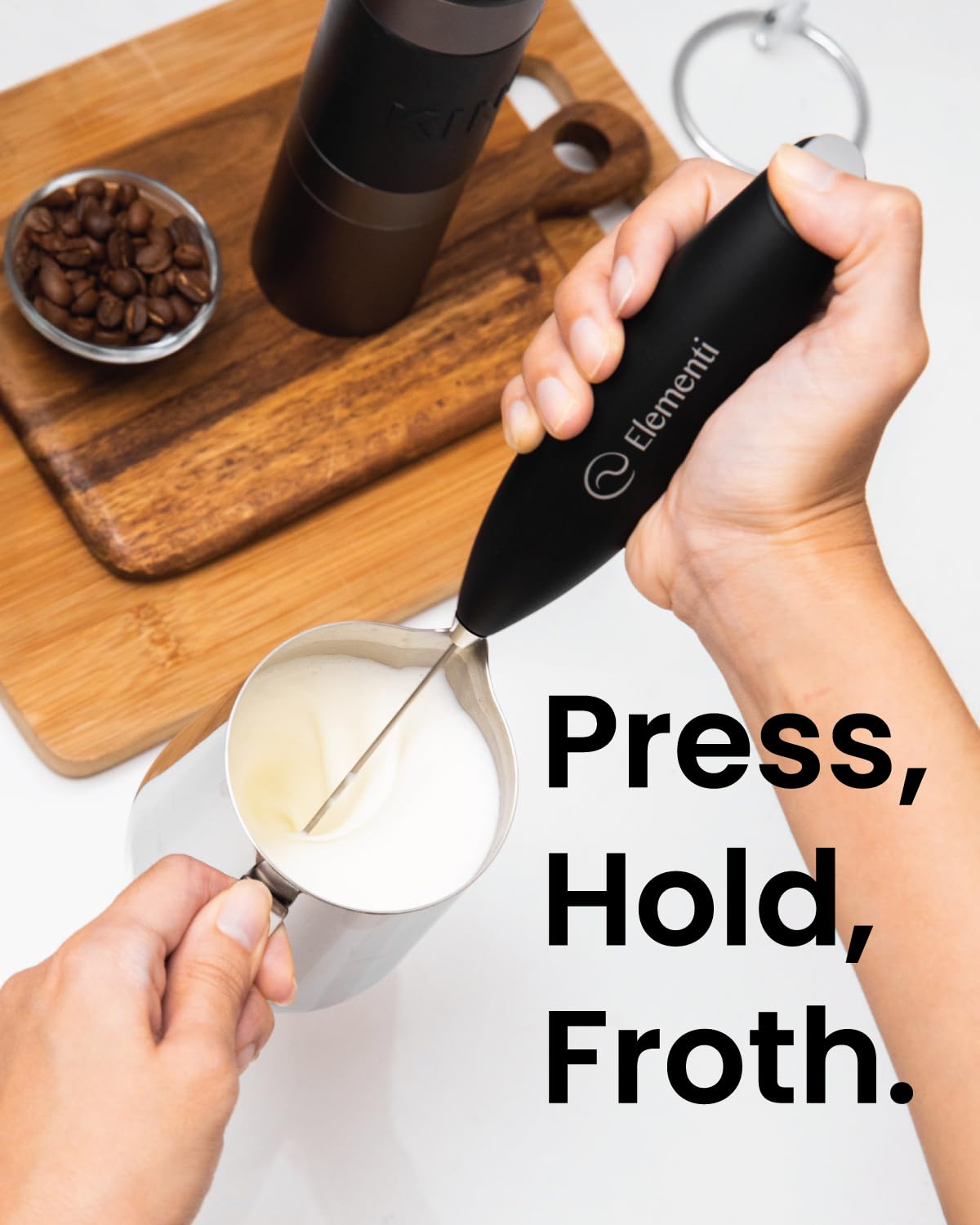 Elementi - Espumador de leche doble de mano, espumador de café, agitador eléctrico y batidor matcha - Mezclador de bebidas de mano para café - Salida del sol