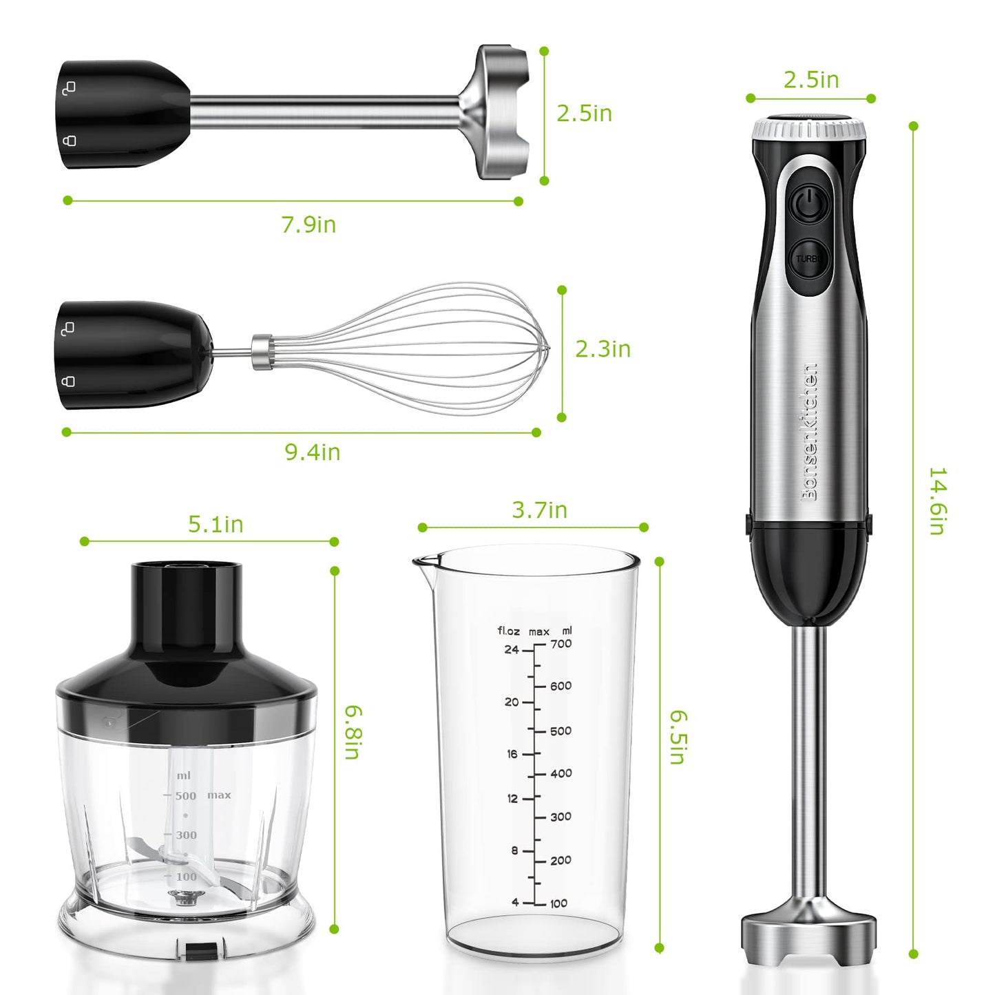 Bonsenkitchen - Batidora de inmersión , 20 velocidades variables y turbo, batidora de mano 4 en 1 de acero inoxidable con batidor de huevos, vaso y bol picador