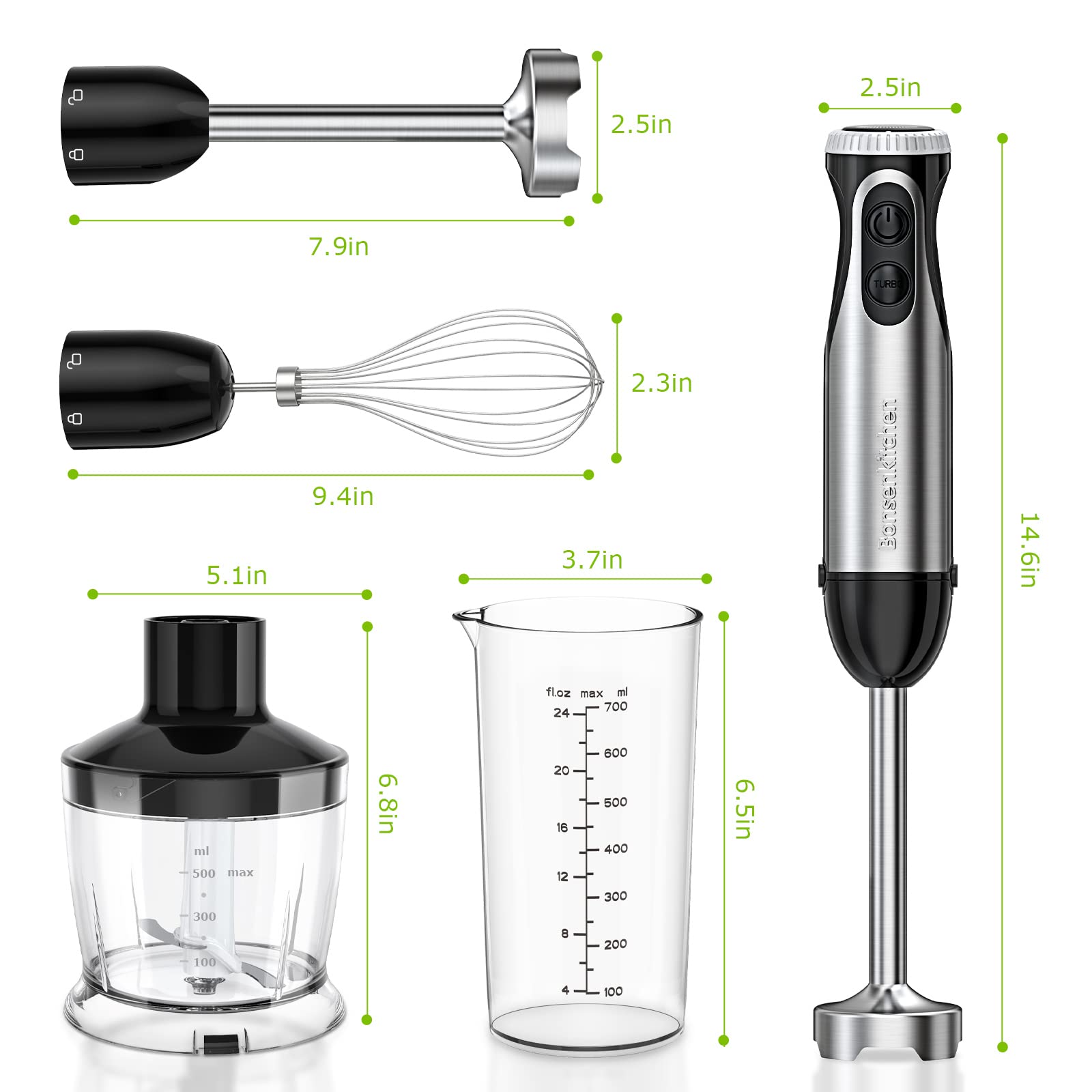 Bonsenkitchen - Batidora de inmersión , 20 velocidades variables y turbo, batidora de mano 4 en 1 de acero inoxidable con batidor de huevos, vaso y bol picador