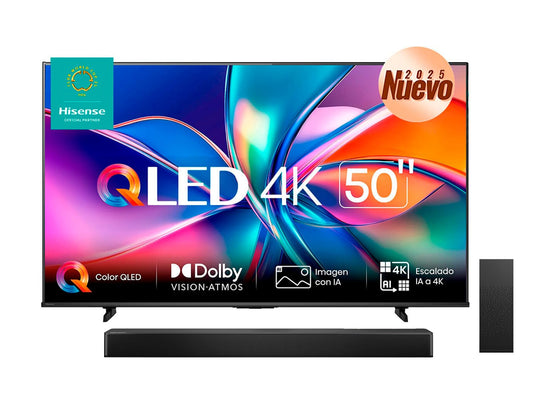 Hisense Combo Pantalla QLED 4K de 50" 50QD6QV Vidaa U Compatible con Alexa,Dolby Vision Atmos, Escalado IA a 4K, HDMI, LAN, WiFi. Control de Voz. Bluetooth. (2025) + Barra de Sonido 2.1