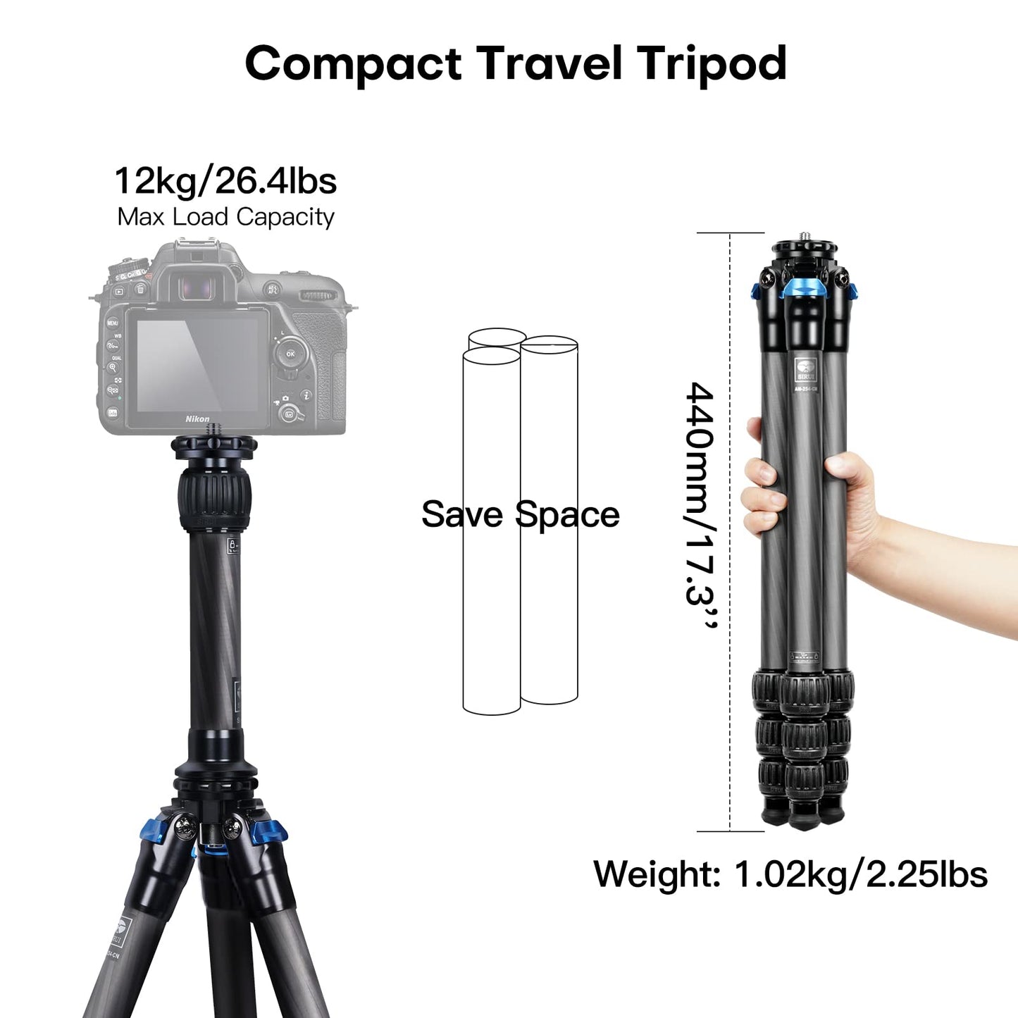 Trípode de Fibra de Carbono SIRUI AM-254 Negro con Columna Central de Dos Secciones para Cámara