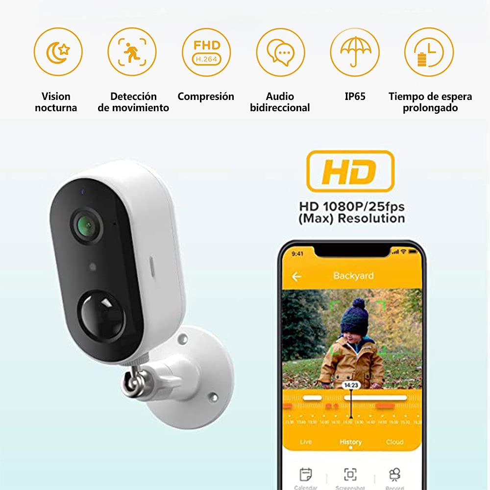 Cámara de Seguridad EASYTAO 2MP WiFi Recargable para Exteriores IP65 con Visión Nocturna Compatible con Alexa