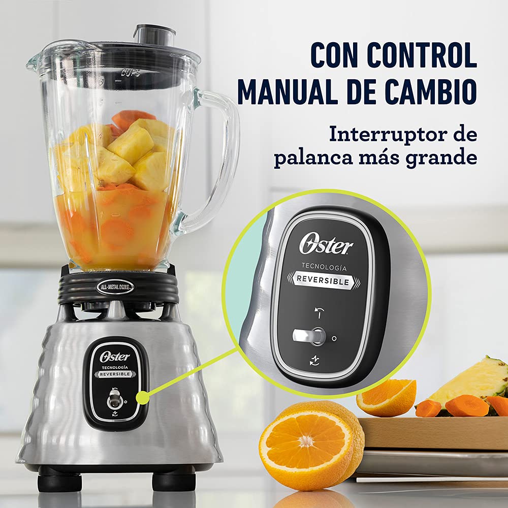 Licuadora Oster Cromada Reversible con Vaso de Vidrio