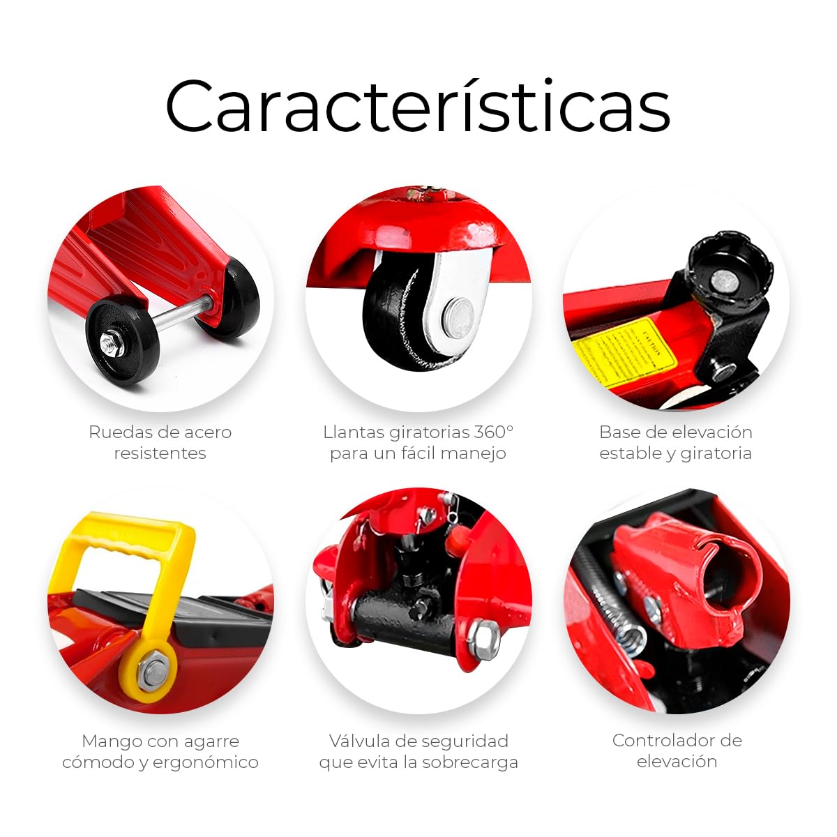 Gato Hidráulico RagaBasics Rojo de Acero Inoxidable con Seguros de Llantas y Agarradera Portátil