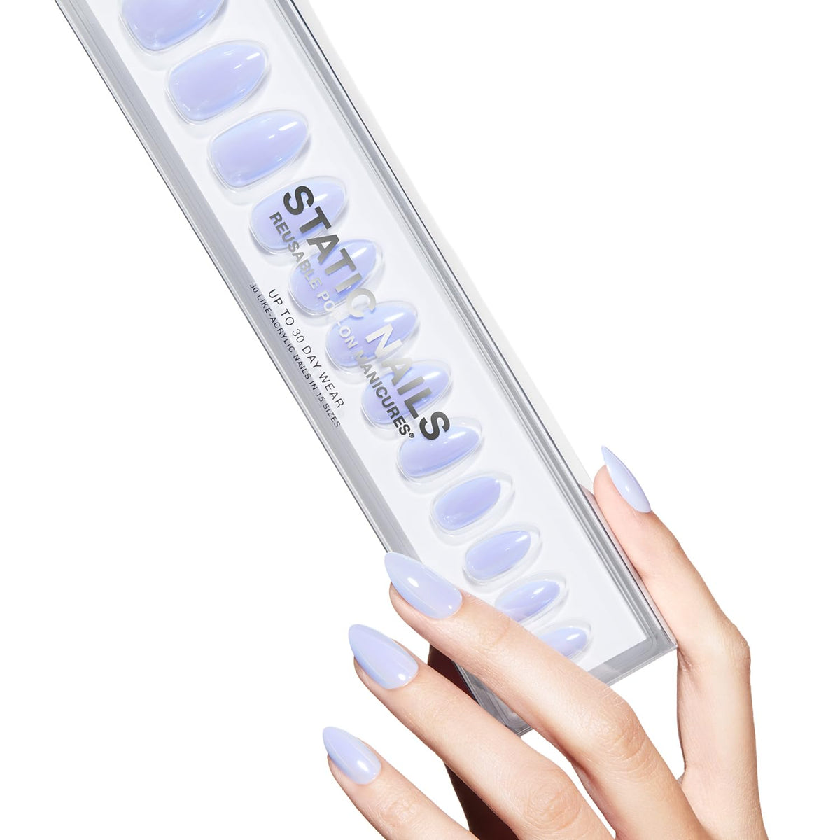 Static Nails Uñas postizas reutilizables. Uñas cortas, con forma de almendra. Similares al acrílico, calidad profesional. Larga duración y reutilizables. Aroma a arándanos. Paquete de 30 unidades.