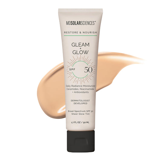 MDSolarSciences Gleam and Glow SPF 50 - Contains Skin Nourishing Ingredients - Restores, Plumps and Protects your Epidermis - Wear Alone or Used for Illuminating Primer - 50 ml Moisturizer