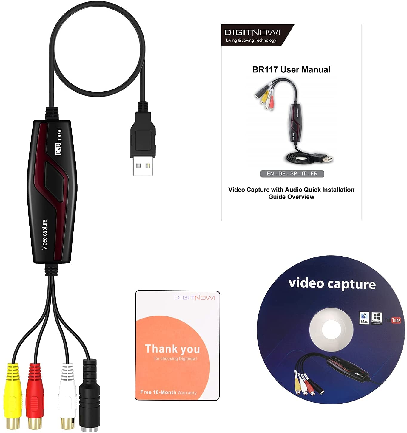 DIGITNOW Convertidores de Video USB 2.0, Convertidor de Captura de vídeo USB, VHS a DVD Digital Grabber Grabador, Capturadora Digitalizadora de vídeo para Mac OS X/Windows 7 8 10 PC