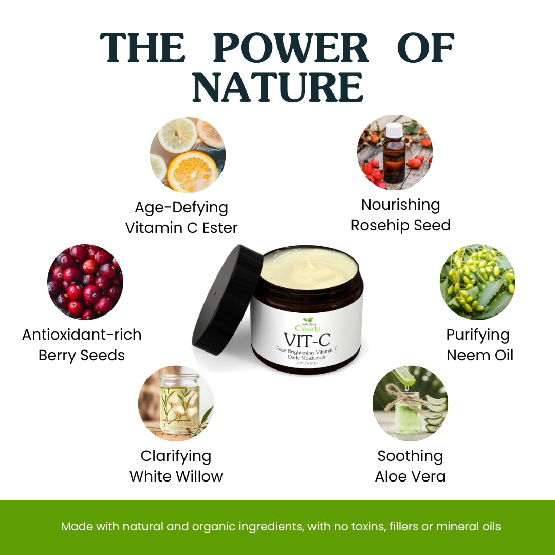 Clearly VIT-C Crema de vitamina C + Extractos de frutas + Vitamina E. Suero facial, Ingredientes orgánicos, Ilumina, Revitaliza, Restablece, Hidrata y Tonifica la Piel. Ideal para todo tipo de piel.