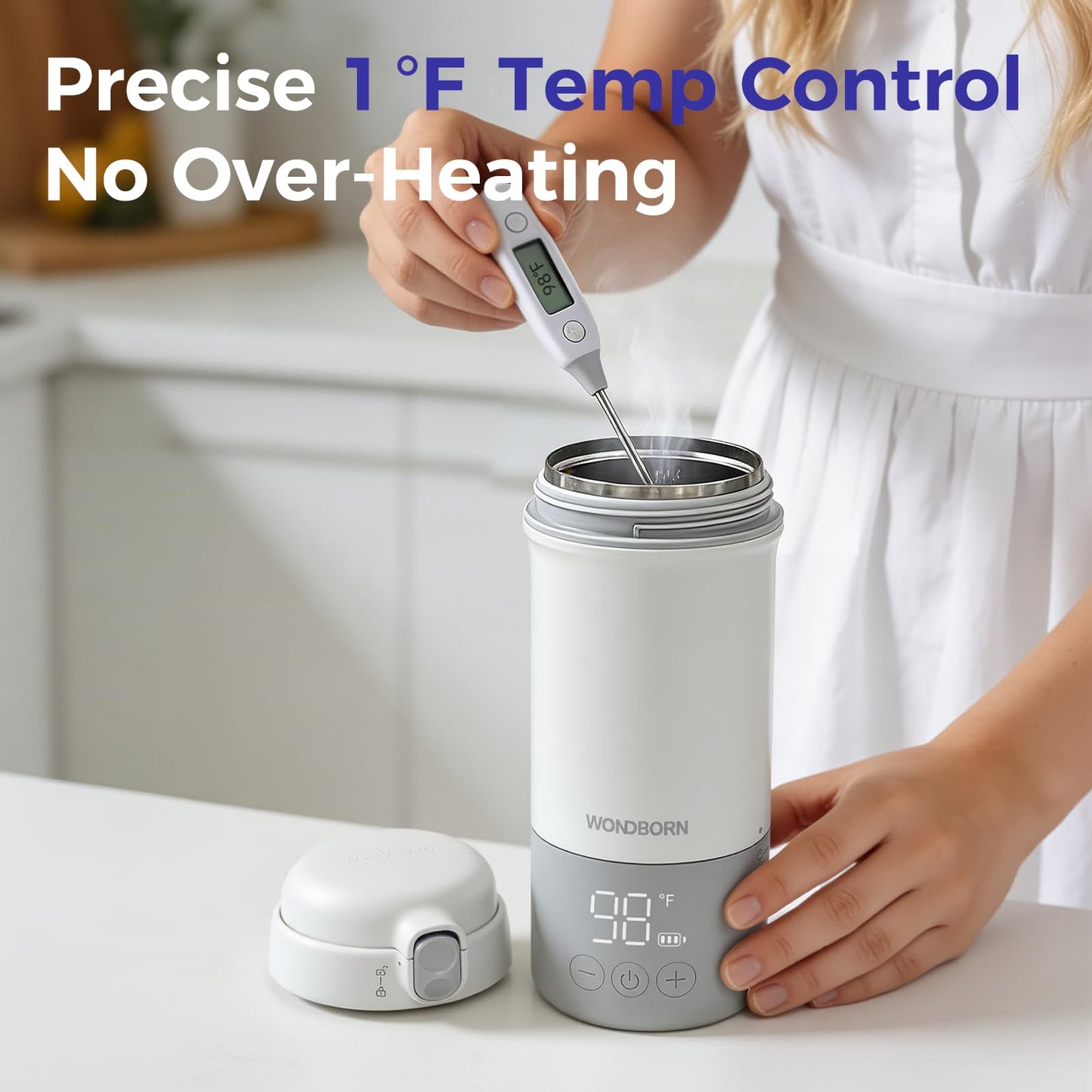 WONDBORN Calentador de biberones portátil para viajes - Calentamiento instantáneo, apto para lavavajillas, control preciso de temperatura de 1°F, carga rápida de 30W, batería de larga duración