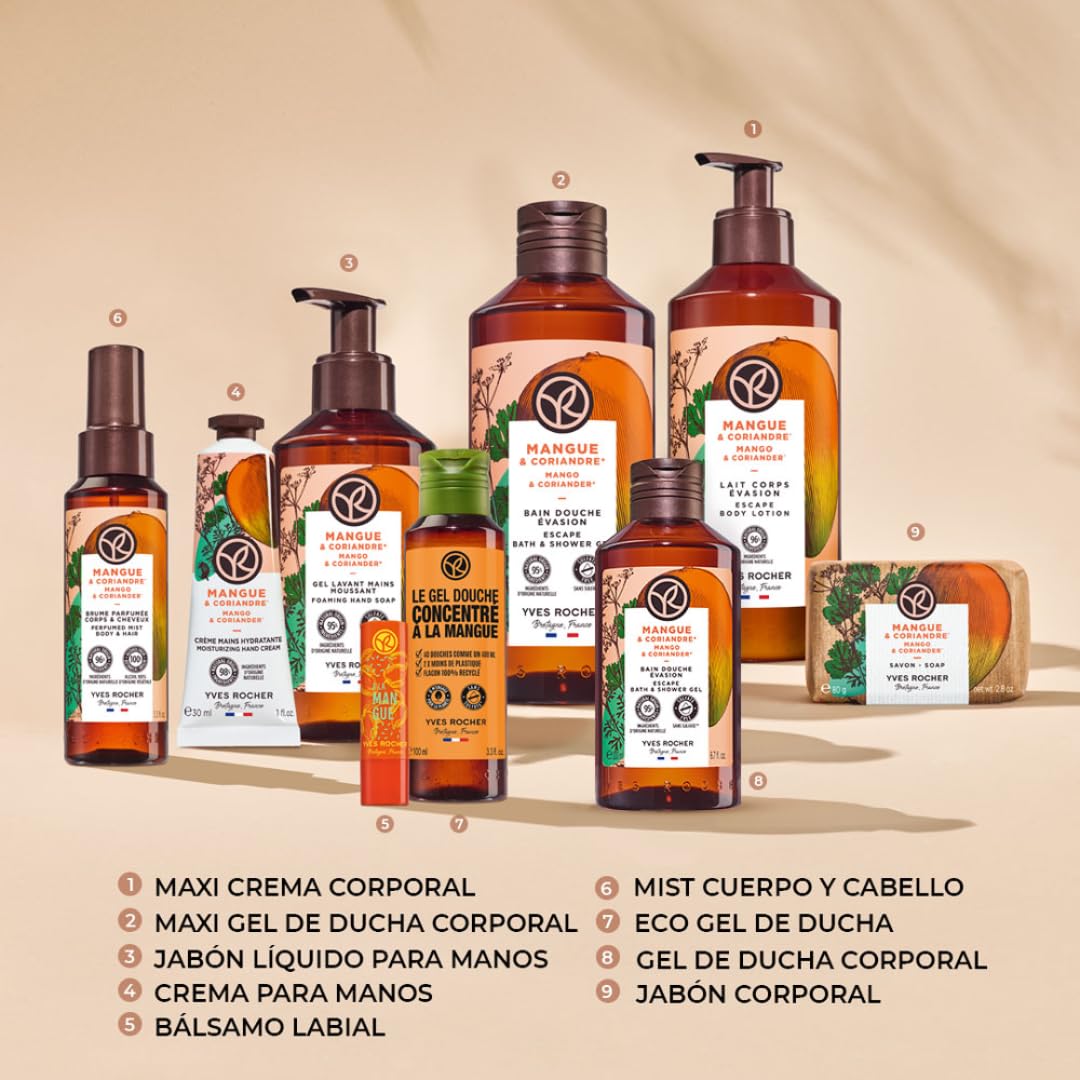 Yves Rocher 4 PACK jabón líquido para manos aromas ENERGIZANTES - ESTIMULANTES: Alga Slavaje + Mango y Cilantro + Frambuesa y Hierbabuena + Flor silvestre (190 ml C/U)