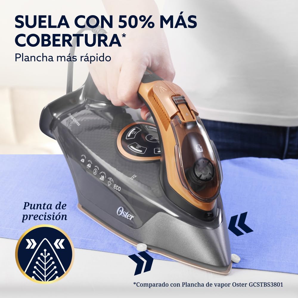Oster Plancha de Vapor, PressXpress Max S9200, Digital, Golpe de Vapor 300 g/min, Suela XL Cerámica con Diamante, Vapor Vertical, Antigoteo, Bronce, GCSTPX9200-013