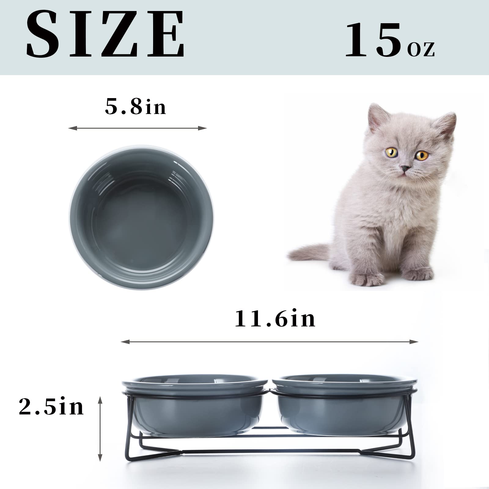 GDCZ Ceramics - Cuencos para Perros pequeños con Soporte de Metal Elevado para Comida de Mascotas y Platos de Agua, 15 onzas (Gris)