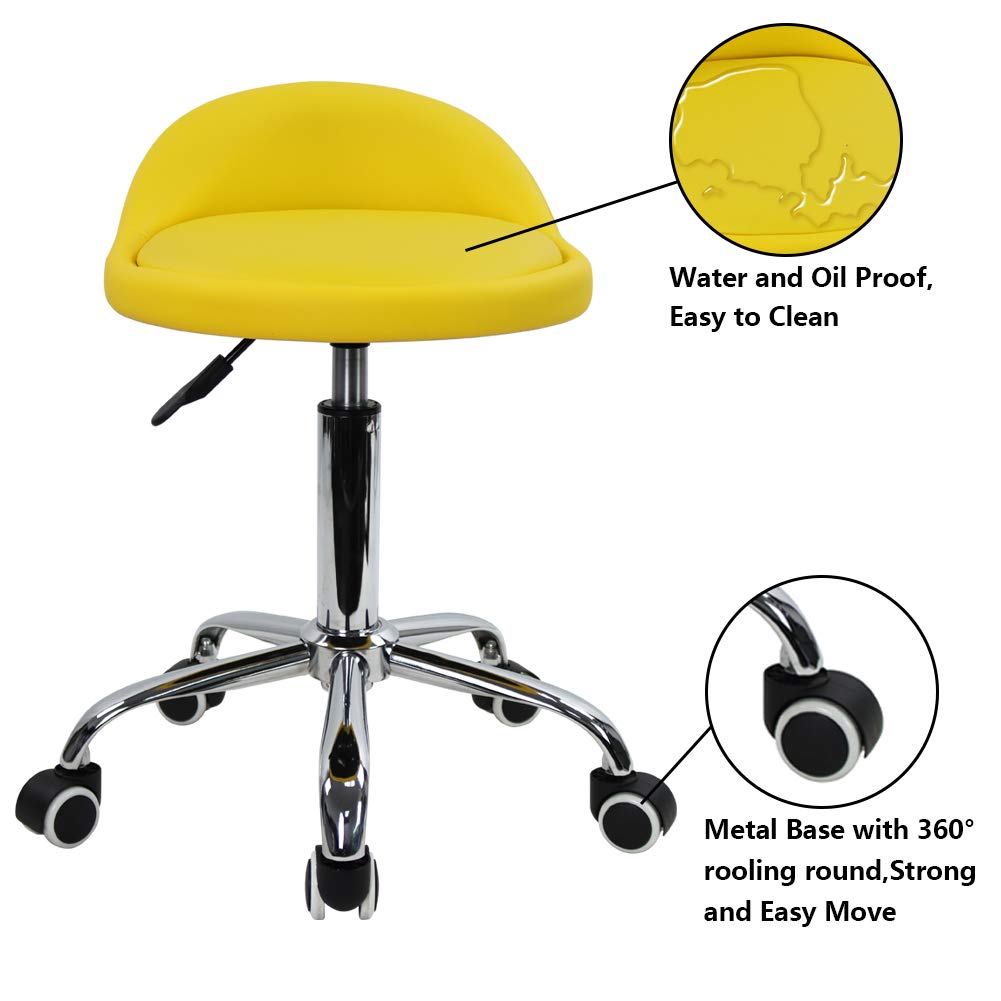 KKTONER Taburetes Giratorios con Respaldo Bajo Taburetes Redondos Rodantes Amarillo Taburete Silla con Ruedas para el Hogar Salón Facial SPA Masaje Tatuajes Trabajo