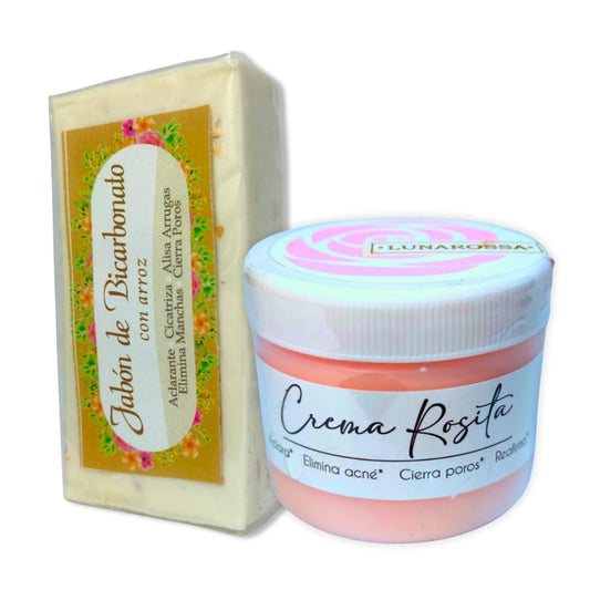 Kit Crema Rosita de Obregón y Jabón Natural Bicarbonato Arroz 100gr Protección Solar 15 con Rosas Colágeno Células Madre + Aclarante