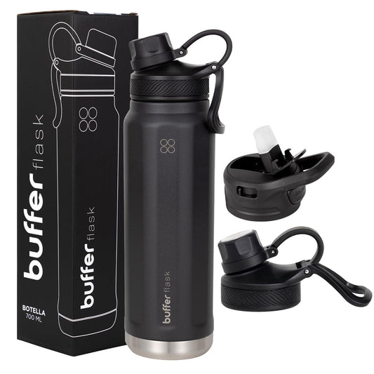 BUFFER FLASK - Termo de Acero Inoxidable | Botella de Agua Aislante, Termos Agua Fría (24 horas) o Caliente (12 horas) | Antigoteo, Hermético | Incluye tapas | 700 ml - 24 Oz| Color Negro