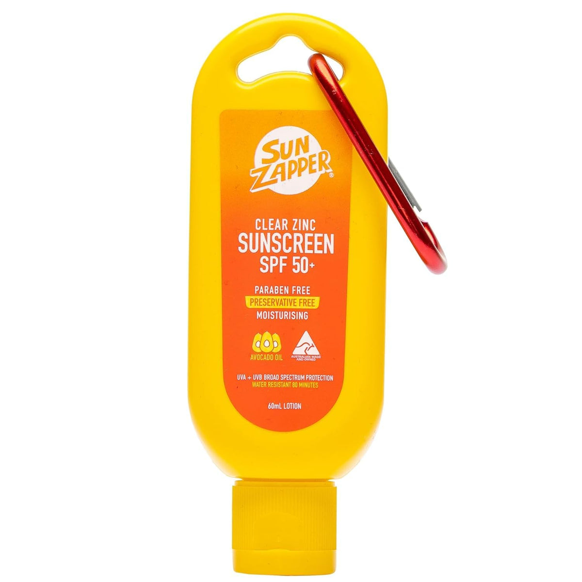 Sun Zapper Clear Zinc Sunscreen Lotion SPF 50+ 60mL con Clip colgante - Nueva Fórmula con 5% de Óxido de Zinc. Bloqueador Solar hecho en Australia.