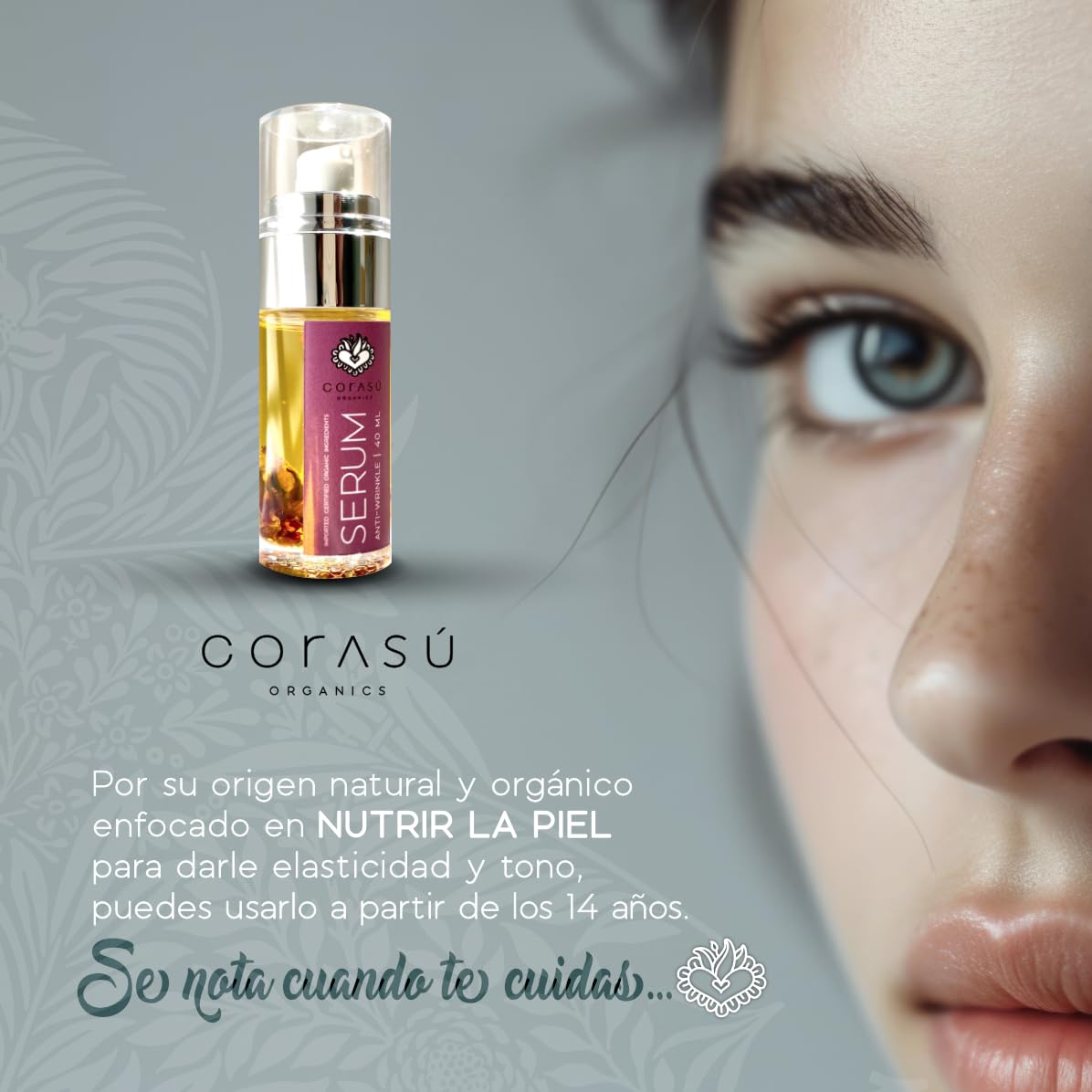 CORASÚ SÉRUM facial antiarrugas 40ml | 100% NATURAL | ORGÁNICO | Con rosa mosqueta, helicriso (la flor de la eterna juventud) y extractos vegetales antioxidantes y regenerantes | NO deja sensación grasosa | Piel SEDOSA y RADIANTE | NUTRE. REGENERA. SUAVIZ