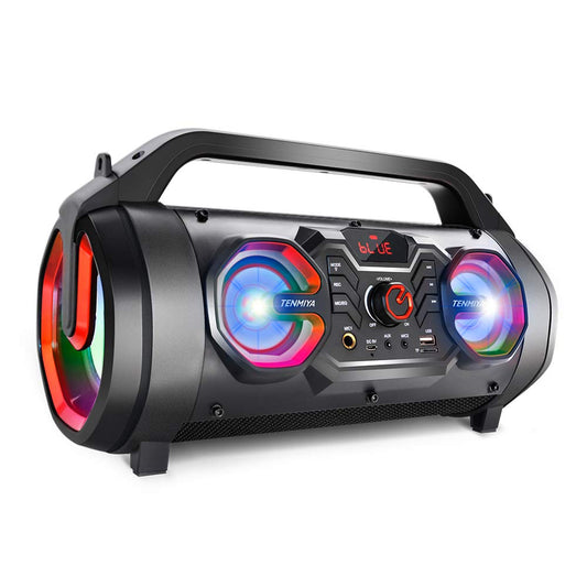 Altavoz Bluetooth portátil con subwoofer, altavoces inalámbricos con graves en auge, radio FM, luces RGB, EQ, sonido estéreo, tiempo de reproducción de 10 horas, altavoz de 30 W para el hogar, al aire