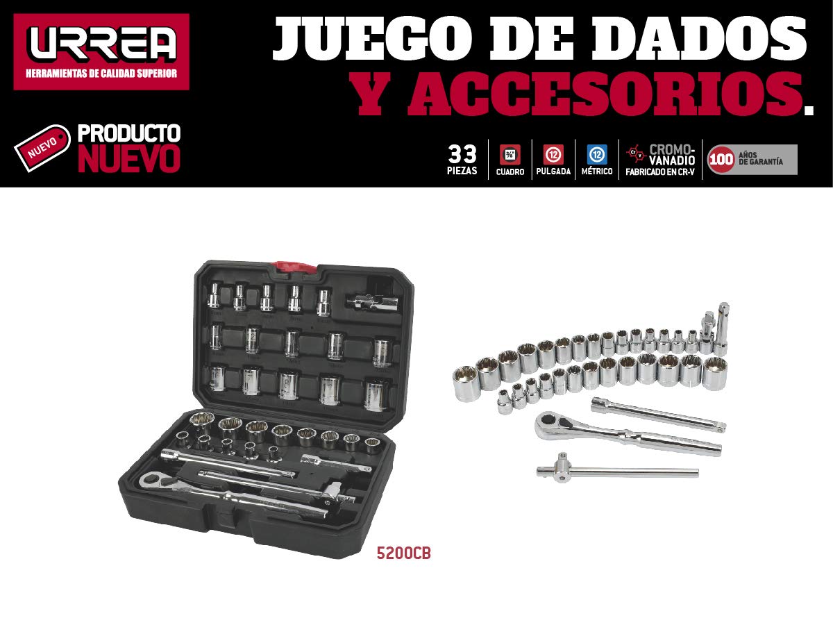 Juego de Dados y Accesorios Urrea 33 Piezas Estuche Plástico 3/8 Pulgadas