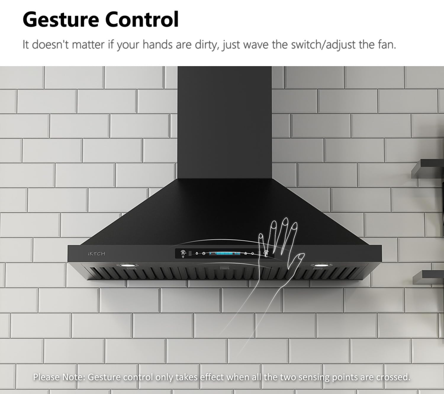 IKTCH - Campana extractora de montaje en pared negra de 36 pulgadas, 900 CFM de acero inoxidable con sensor de gestos y panel de interruptor de control táctil, 2 luces ajustables (IKP02-36-BSS)