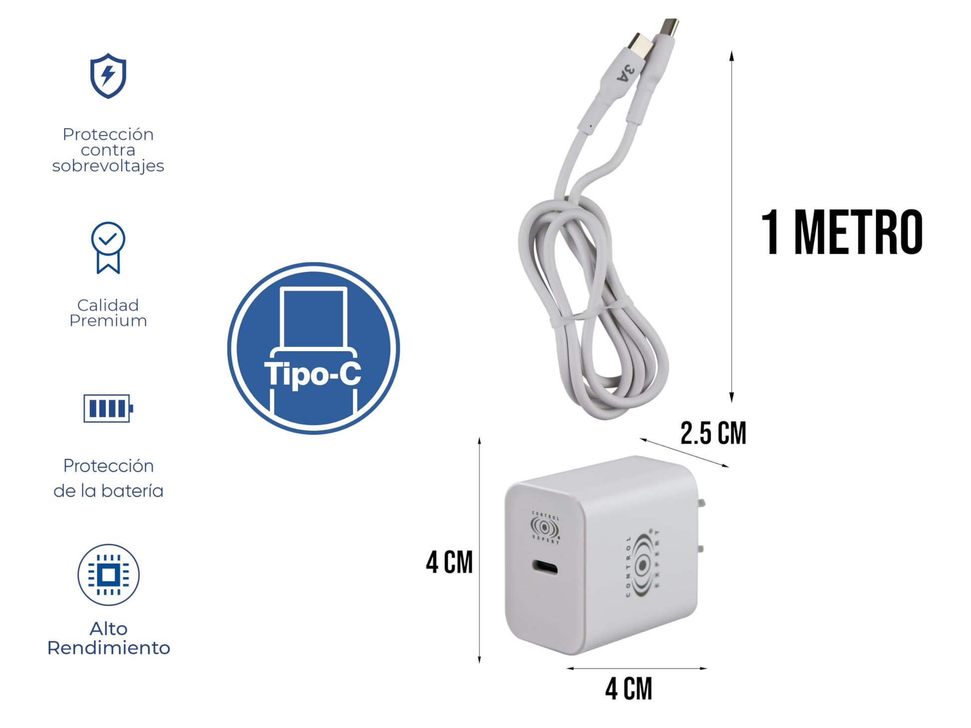 CONTROL EXPERT Turbo Cargador Tipo C A Tipo C, para Android y iPhone 15, Carga y Datos 3A Salida Tipo C 20w Ultra Rápido (Blanco)