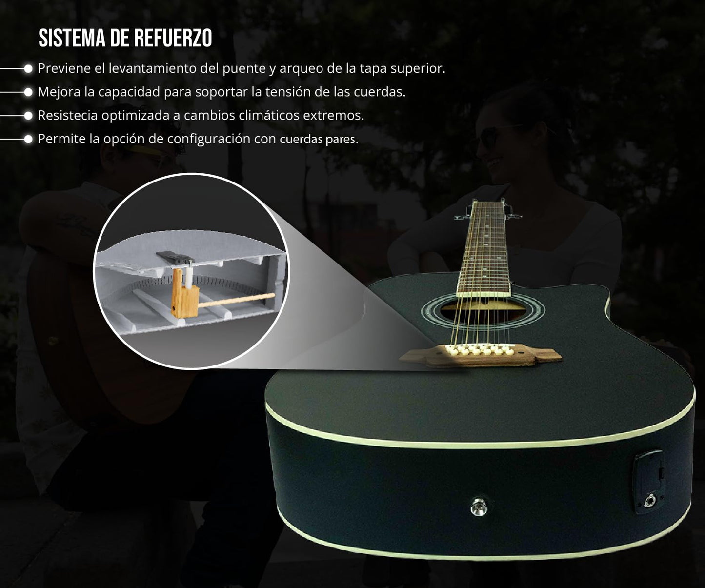 BAMBOO, Docerola Guitarra Acustica 12 cuerdas Negra, Electroacustica, Bridge Doctor, Funda, 42 pulgadas, madera Linden, Equalizador con afinador.