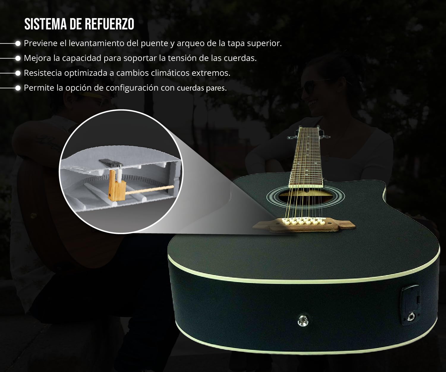 BAMBOO, Docerola Guitarra Acustica 12 cuerdas Negra, Electroacustica, Bridge Doctor, Funda, 42 pulgadas, madera Linden, Equalizador con afinador.