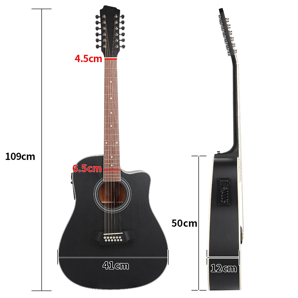 Jidyous Docerola Aguanta cuerdas pares 4/4 Guitarra Electroacústica 12 cuerdas con bridge doctor, con Funda Acolchada, afinadores, Correas,cuerdas, paletas, capó, cable para guitarra, alma
