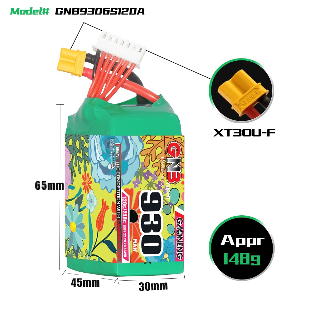 Gaoneng GNB LiPo Batería 6S 930mAh 22.2v 120c 240c para accesorios de dron de estilo última intervensión, piezas modelo aéreo DIY FPV Drone Racing Pack con enchufe XT30