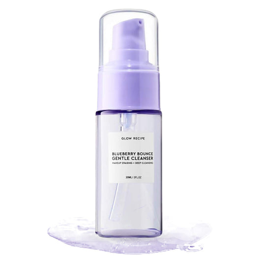 Glow Recipe Mini Blueberry Bounce Limpiador suave de espuma – Suave lavado facial exfoliante con ácido hialurónico + AHA – sulfato + jabón facial sin parabenos – Limpiador facial de gel de viaje (30 ml)