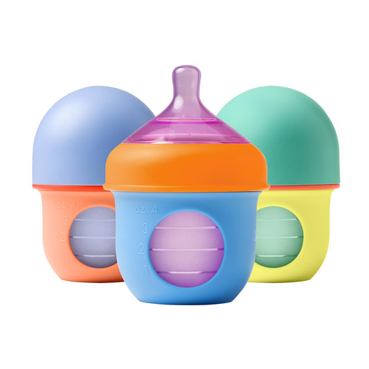 Boon Nursh - Bolsa de silicona reutilizable para biberones – Pezón de flujo lento – Bolsa de silicona para biberones y pezones – Esenciales para la alimentación del bebé – Bloque de color – 0-3 meses