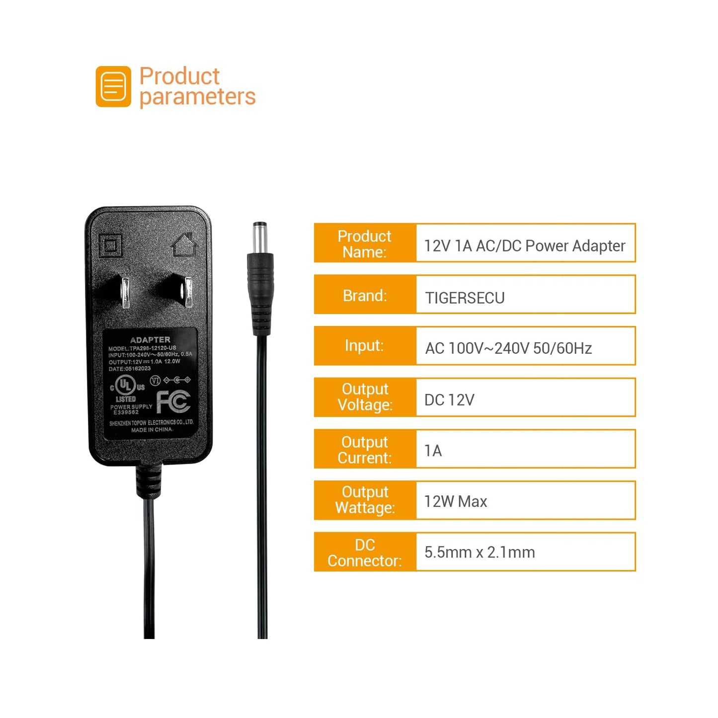 TIGERSECU Adaptador de Corriente AC/DC para cámara de Seguridad con certificación UL, Fuente de alimentación de 12 V 1 A 100 V-240 V 2,1 x 5,5 mm (Paquete de 2)