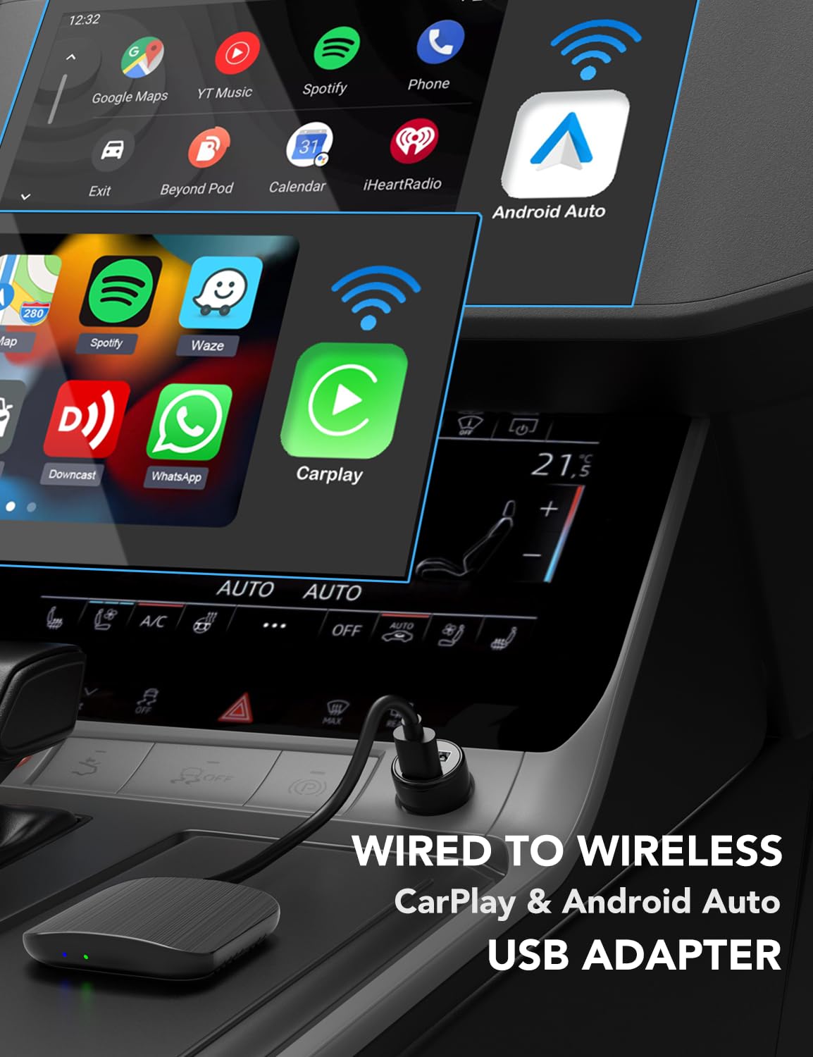 PHOCAR Adaptador Carplay Inalambrico y Android Auto Inalambrico para Auto, 2-en 1 Wireless Carplay Adapter, Plug and Play, Conexión Rápida y Estable, Compatible con iPhone y Android Phones